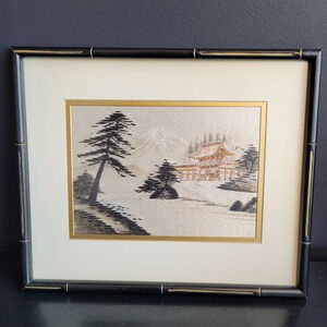 Vintage Japanese Oriental Embroidery Silk MCM Framed Eaton  Co Needlepoint